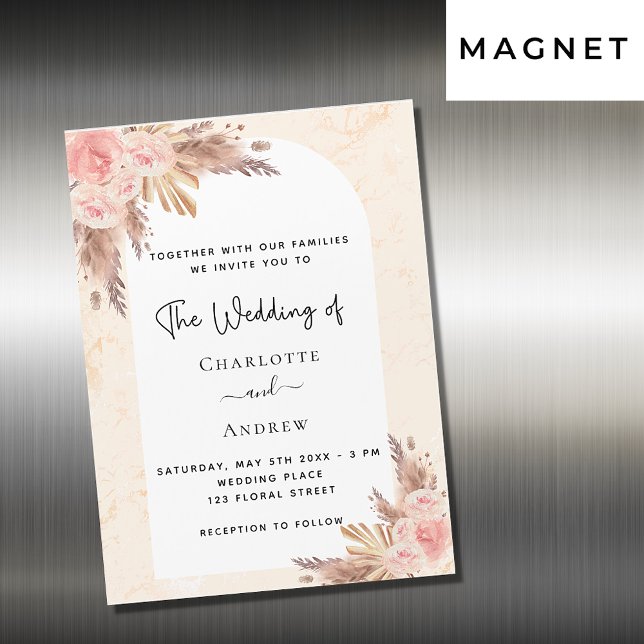 Wedding boho pampas grass rose gold luxury magnetic invitation (Creator Uploaded)