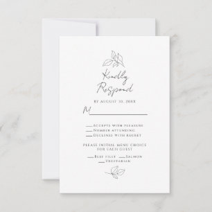 Wedding Botanical Leaves Black & White Meal Choice RSVP Card