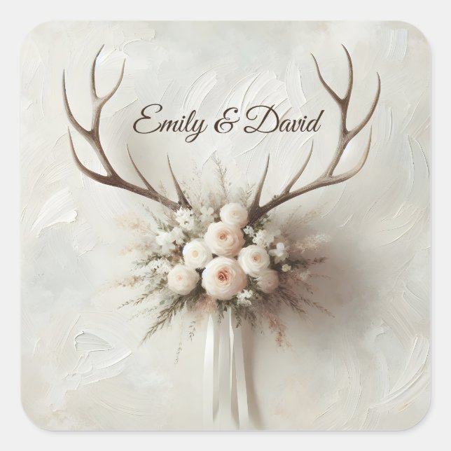 Wedding Bouquet and Deer Antlers Square Sticker (Front)
