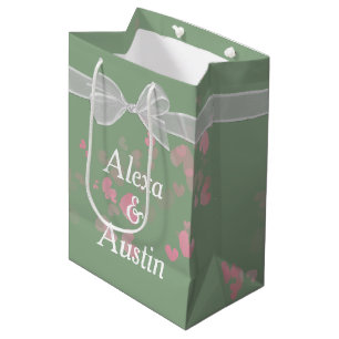 Wedding Bow On Sage Green With Hearts Medium Gift Bag