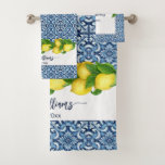 Wedding Bridal Shower Anniversary Gift custom Bath Towel Set<br><div class="desc">Wedding Bridal Shower Anniversary Gift custom personalized name towels. Mediterranian Amalfi coast blue tiles and yellow lemons with a name. Makes a lovely git for a wedding,  bridal shower gift,  anniversary gift.</div>