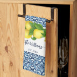 Wedding Bridal Shower Anniversary Gift custom Kitchen Towel<br><div class="desc">Wedding Bridal Shower Anniversary Gift personalized name tea kitchen towel. Mediterranean Amalfi coast blue tiles pattern and lemons,  blue and yellow combination. Makes a lovely wedding gift,  bridal shower gift,  anniversary gift or any occasion special gift.</div>