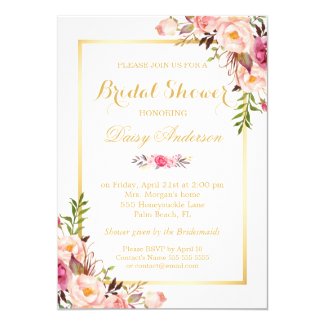 Wedding Bridal Shower Chic Floral Golden Frame Card