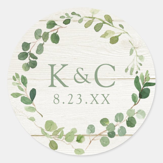 Wedding Bridal Shower Eucalyptus Greenery Wreath Classic Round Sticker (Front)