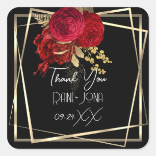 Wedding Bridal Shower Favour Red Floral Black Whit Square Sticker