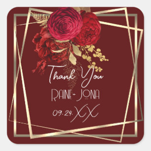 Wedding Bridal Shower Favour Red Floral Burgundy  Square Sticker