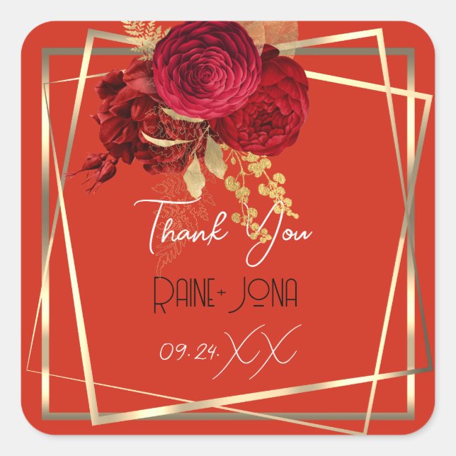 Wedding Bridal Shower Favour Red Floral Gold Frame Square Sticker (Front)