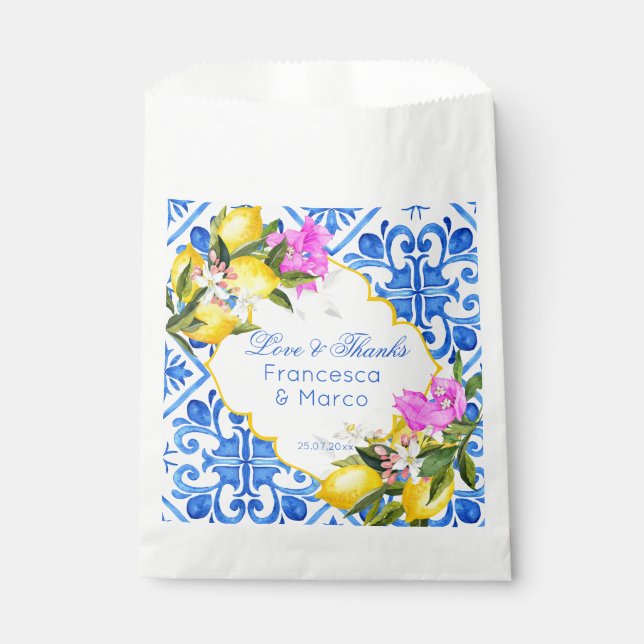 Wedding bridal shower favours blue tiles lemons favour bag (Front)