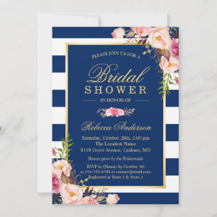 Wedding Bridal Shower   Navy Blue Stripes Floral Invitation