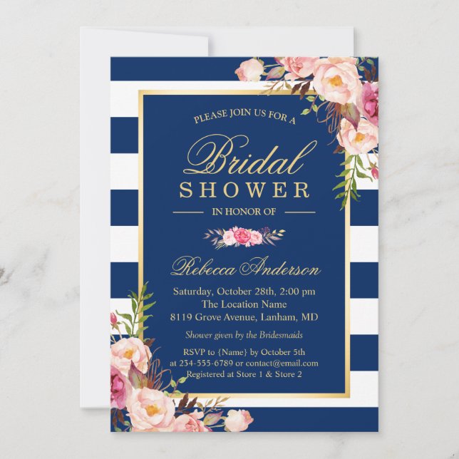 Wedding Bridal Shower | Navy Blue Stripes Floral Invitation (Front)
