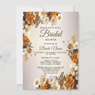 Wedding Bridal Shower Party Golden White Flowers Invitation