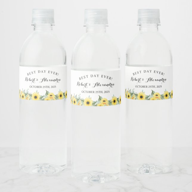 Wedding Bridal Shower Reception Sunflower Greenery Water Bottle Label (Bottles)