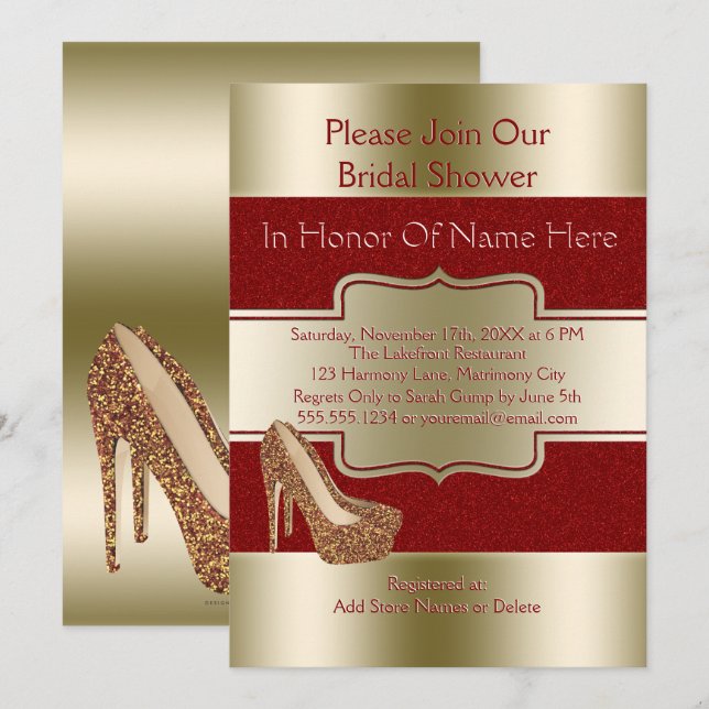 Wedding Bridal Shower | Red Gold Glitter Shoes Invitation (Front/Back)