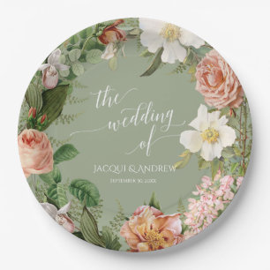 Wedding Bridal Shower Sage Blush Fern Rose Wreath Paper Plate