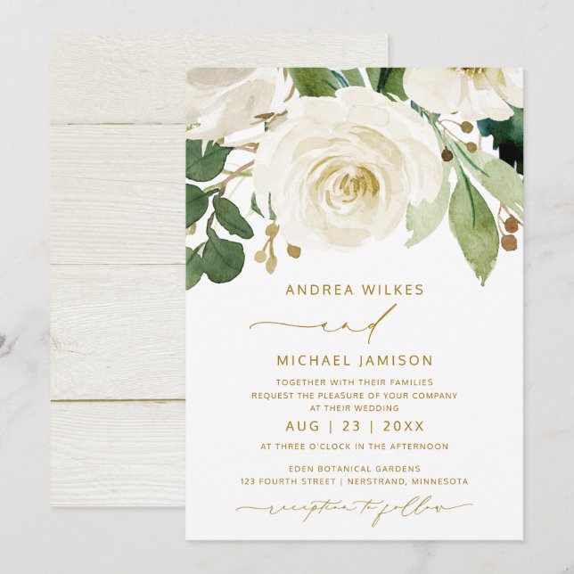 Wedding Bridal Watercolor Floral White Greenery Invitation (Front/Back)