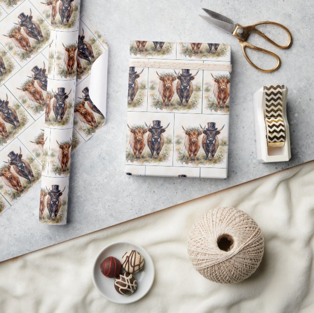 Wedding Bride and Groom Highland Cows Wrapping Paper (Crafts)