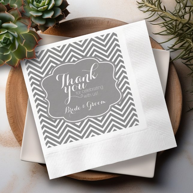 Wedding Bride and Groom Thank You Grey Chevrons Napkin (Gray Chevron Personalized Wedding Napkins)
