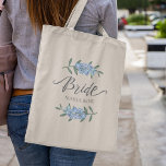 Wedding Bride Blue Botanical Floral Personalized Tote Bag<br><div class="desc">A blue floral bride wedding, a floral botanical blue beautiful flower, a stylish trendy calligraphy script font, an elegant girly chic feminine bag, a garden greenery leaves foliage, a creative calligraphy script text, a from the bride gift idea, a pretty summer spring garden bouquet, an elegant light blue tiny flowers,...</div>