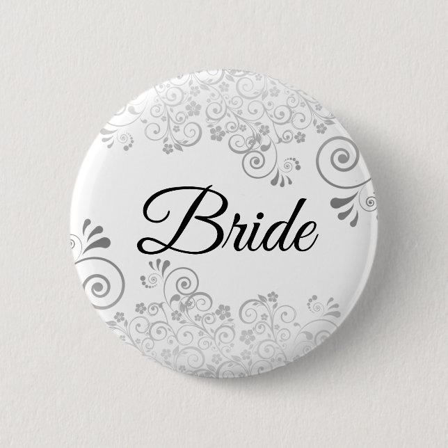 Wedding Bride Button Silver Floral Ornate Filigree (Front)