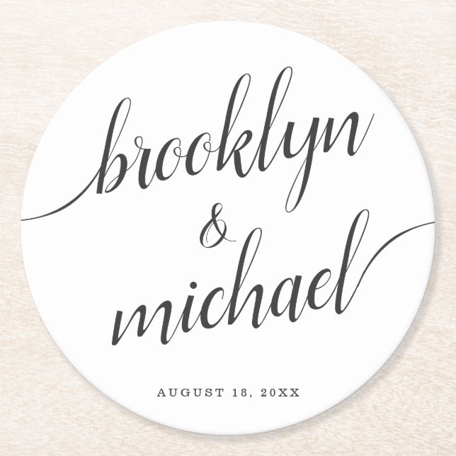 Wedding Bride & Groom Handwritten Calligraphy Round Paper Coaster (Front)