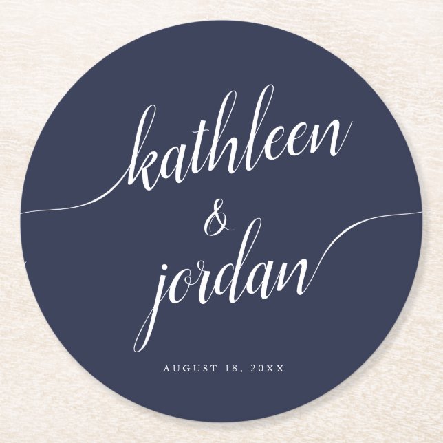 Wedding Bride & Groom Handwritten Calligraphy Round Paper Coaster (Front)
