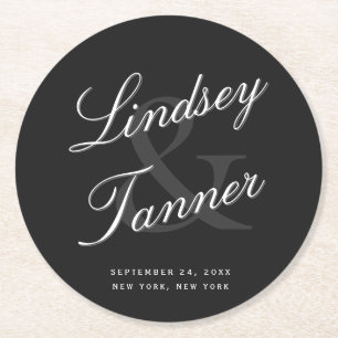 Wedding Bride & Groom in Elegant Shadowed Script Round Paper Coaster