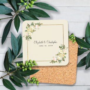 Wedding Bride Groom Names Date Elegant Chic Floral Coaster