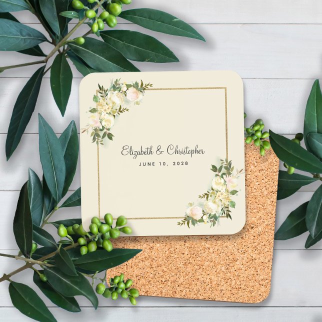 Wedding Bride Groom Names Date Elegant Chic Floral Coaster (Creator Uploaded)