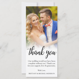 Wedding Bride Groom Photo Black Script Thank You Card