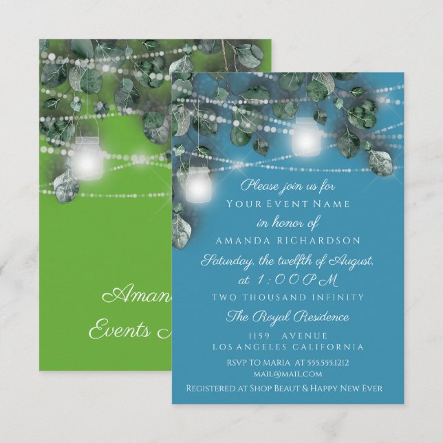 Wedding Bride Lights Jars Rustic Blue Fresh Green Invitation (Front/Back)