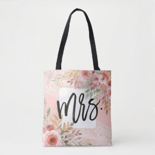 Wedding Bride Mrs. Elegant Chic Watercolor Flowers Tote Bag