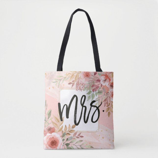Wedding Bride Mrs. Elegant Chic Watercolor Flowers Tote Bag (Front)