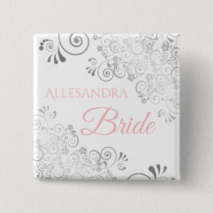 Wedding Bride Name Tag Pink & Grey 2 Inch Square Button
