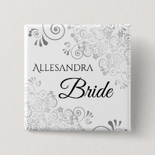 Wedding Bride Name Tag Silver Floral Filigree 2 Inch Square Button
