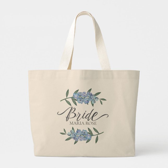 Wedding Bride Personalized Floral Custom Flowers Large Tote Bag (Back)