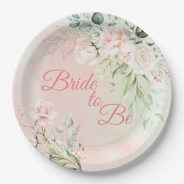 Wedding Bride To Be Floral Elegant Pink Script Paper Plate (Front)