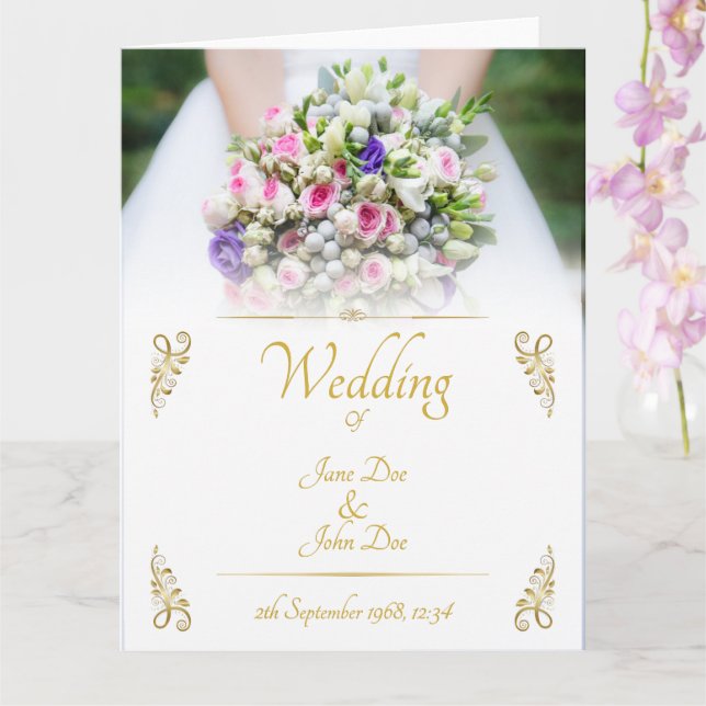 Wedding - bride with colourful wedding bouquet card (Orchid)