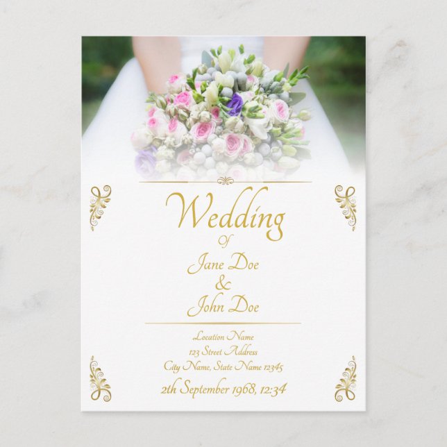 Wedding - bride with colourful wedding bouquet invitation postcard (Front)