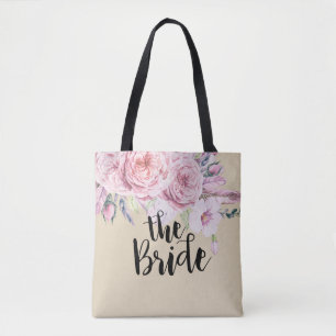Wedding Brides Chic Watercolor Boho Floral Feather Tote Bag