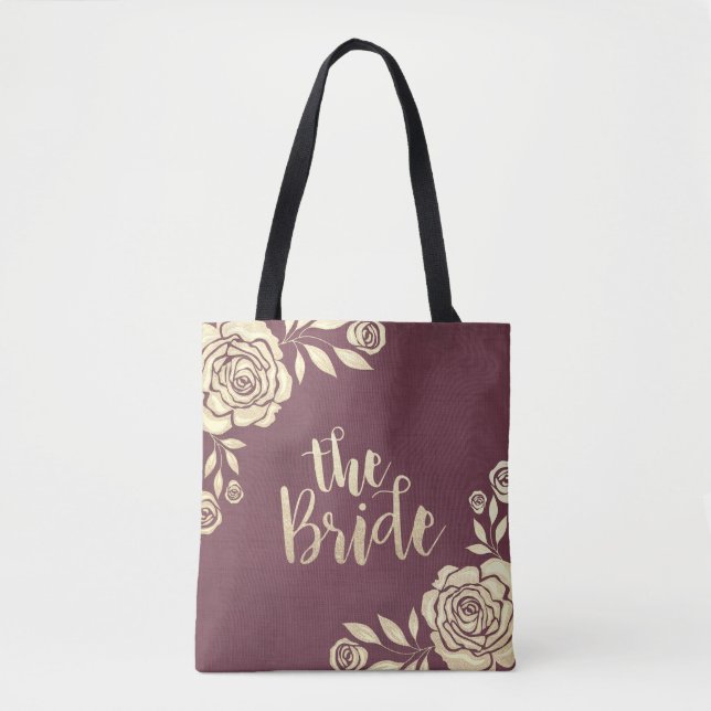 Wedding Brides Modern Chic Gold Roses Burgundy Red Tote Bag (Front)