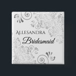 Wedding Bridesmaid Name Tag Fancy Silver Filigree 2 Inch Square Button<br><div class="desc">Identify the key players at your bridal shower, wedding or rehearsal dinner with our elegant, Silver faux foil buttons. Designed to coordinate with our Silver Foil Wedding Suite, this button features a Silver faux foil flourish on a white background with black text reading Bridesmaid and a place to enter her...</div>