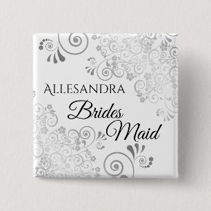 Wedding Bridesmaid Name Tag Silver Curly Frills 2 Inch Square Button