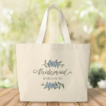 Wedding Bridesmaid Personalized Floral Flowers Large Tote Bag<br><div class="desc">A botanical floral Wedding Bridesmaid wedding calligraphy with pretty blue delphinium flowers. Personalized with your bridesmaid's name. A wonderful Custom gift with a girly style, and tinted blue delphinium flowers. A trendy must-have for your wedding activities. This design features wedding bridesmaid floral greenery, a blue flower calligraphy script, an elegant...</div>