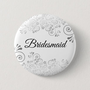 Wedding Bridesmaid Silver Ornate Curly Filigree 2 Inch Round Button