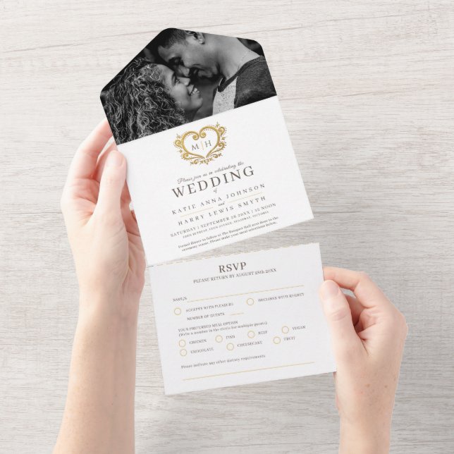 Wedding brown white decorative gold heart monogram all in one invitation (Tearaway)