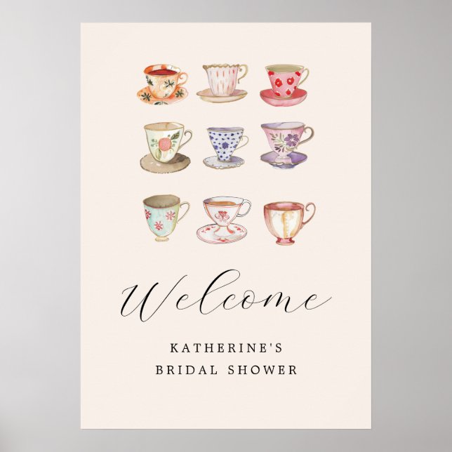 Wedding Brunch Bridal Shower Tea Cups Chinoiserie Poster (Front)