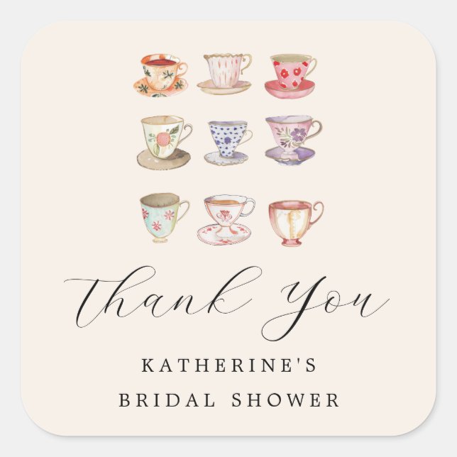 Wedding Brunch Bridal Shower Tea Cups Chinoiserie Square Sticker (Front)