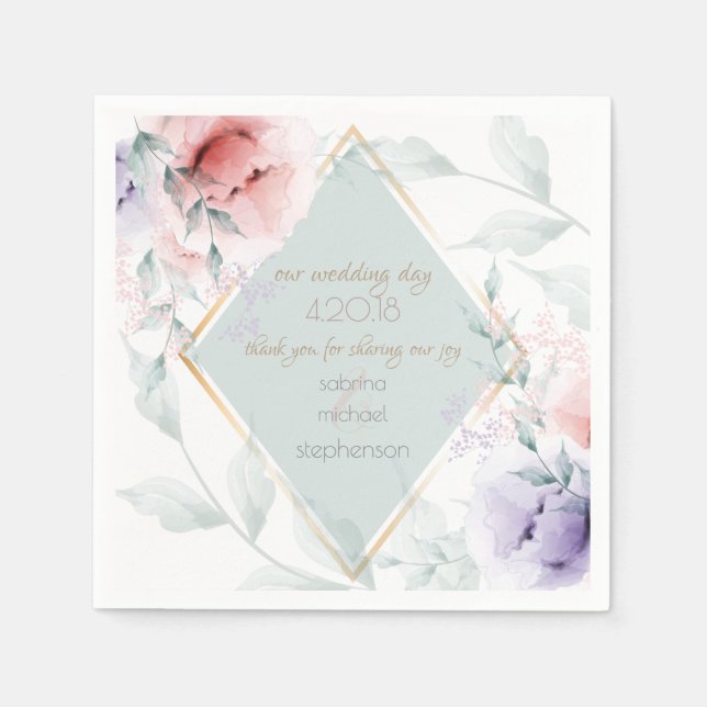 Wedding Buffet | Coral and Lilac Aquarelle Flowers Napkin (Front)