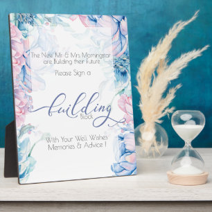 Wedding Building Block BLue Pink Peonies Plaque