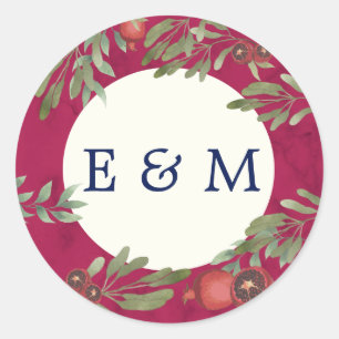 Wedding Burgundy Botanical Greenery Monogram Classic Round Sticker